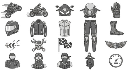 Comprehensive Collection of Motorcycle Lifestyle Vector Elements and Biker Gear Illustrations Set © imran