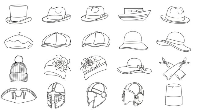 Extensive Collection of Outline Hats and Headwear Styles Vector Illustration Set, Showcasing a Diverse Range of Fashion Accessories