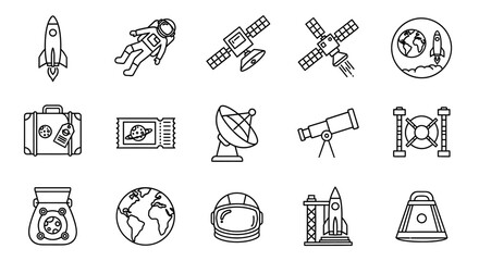 Space exploration icons astronaut, rocket, satellite, telescope, Earth, suitcase, ticket, launch pad, helmet, capsule, and more © imran