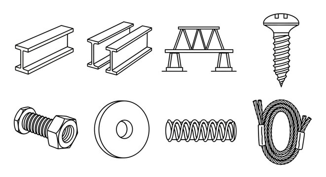 Collection of construction and hardware components for building and engineering projects