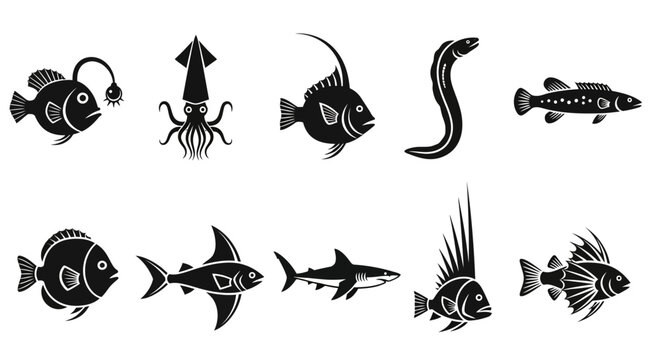 Collection of black and white silhouettes of various marine animals, including a squid, fish, and eel