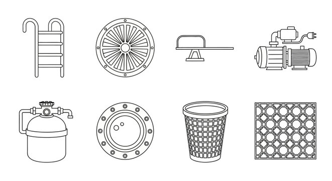 Vector Icons Representing Swimming Pool Equipment and Accessories for Maintenance and Safety