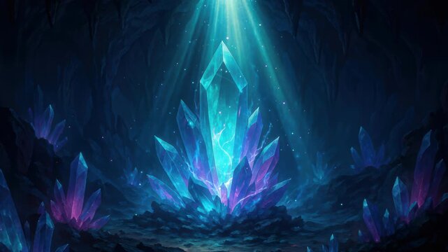Mystical Crystal Cave: A breathtaking scene unfolds within a hidden cave, where colossal crystals radiate with ethereal light, casting an enchanting glow.
