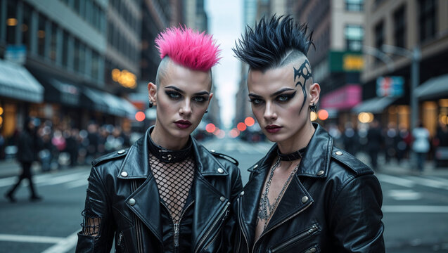Two punk rock women with mohawk hairstyles and leather jackets on a city street