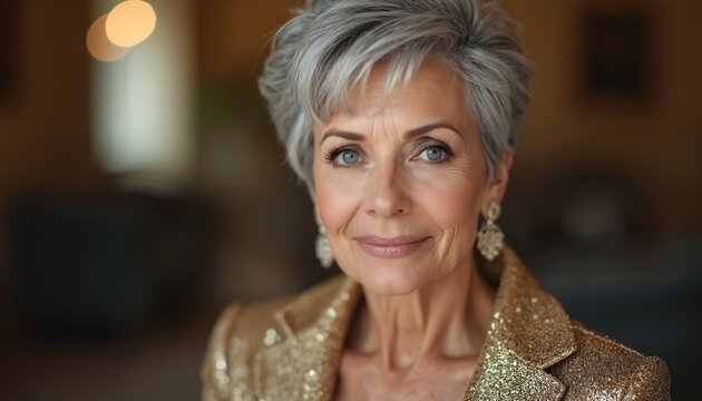 Glamorous mature woman with short grey hair wears sparkling gold jacket. Smiles looking at camera, wearing elegant earrings. Fashionable portrait captures ageless beauty. Luxury style, confident pose.