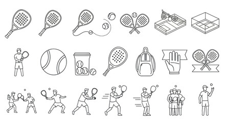 Padel and Tennis Sports Outline Icons Collection Dynamic Rackets, Balls, Courts, and Players for Athletic Game Concepts © imran