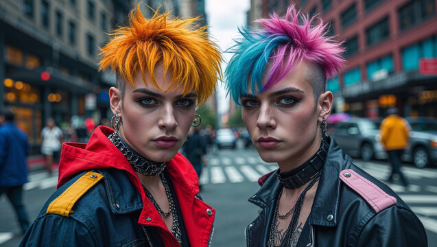 Two stylish punks with vibrant dyed hair stand on a city street