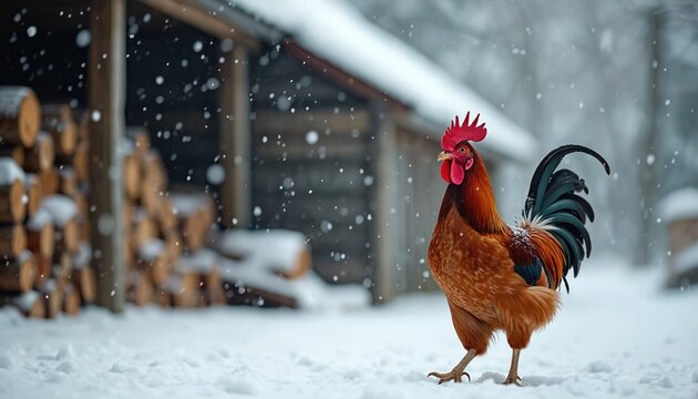Red rooster walks in snowy rural yard near stacked woodpile. Winter farm scene with falling snow outside wooden barn. Cold weather poultry bird on snow covered ground.