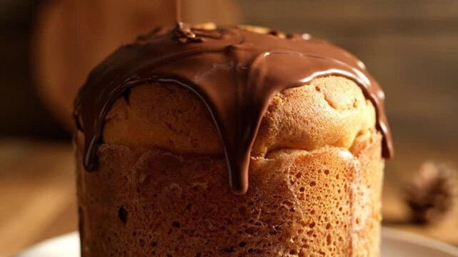 Chocolate Glaze Flowing onto a Delicious Homemade Easter Bread, Drizzling Over Baked Dessert