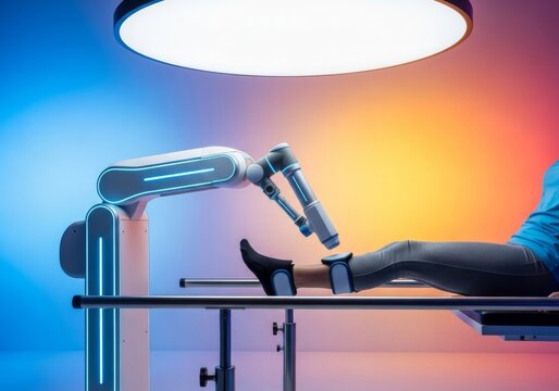 Advanced medical robot providing mobility support during supervised physical rehabilitation training between parallel bars in a bright room, high-tech, robot, hospital