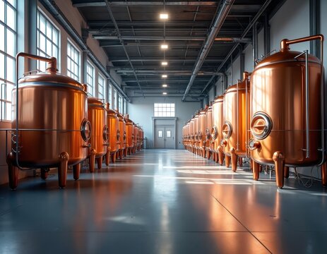 Copper brewing tanks stand in a row inside a bright modern factory. Clean industrial space for alcohol beverage production with metal vats. Equipment for craft beer or spirits.