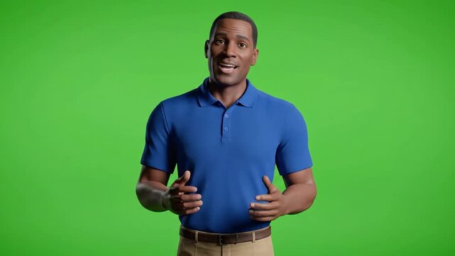 A simple and clean 3D animated male avatar in a blue shirt, presented on a green screen background. Great for presentations, explainer videos, or corporate animations.