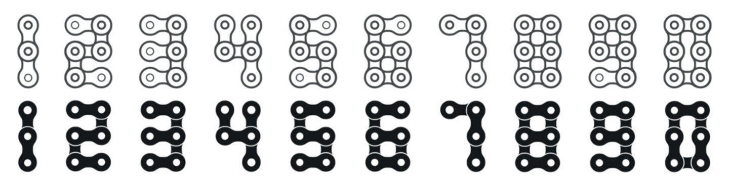 Numbers made of bicycle chain links, solid and outline mechanical font set, cycling numerals vector