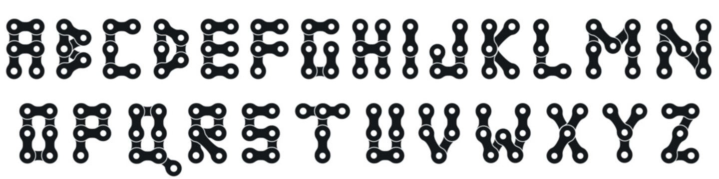 Alphabet made of bicycle chain links, mechanical font set, cycling typography vector