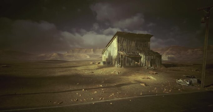Deserted outpost surrounded by bleak emptiness and wreckage, Neglected structure on lifeless plain with gloomy weather setting dystopian scene