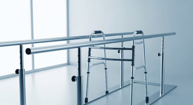 A medium shot showing metallic parallel walking bars and a silver four-legged walker inside a bright, sterile clinical rehabilitation room, stationary, metal, clean