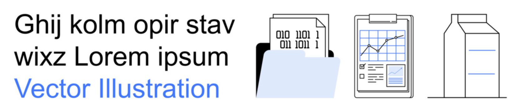Data processing, analytics, document storage, business management, digital organization, barcode tracking. Binary code, chart folder and milk carton illustration. Data processing and analytics