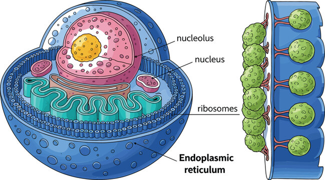 Animal cell structure diagram with labeled organelles nucleus nucleolus ribosomes and endoplasmic reticulum vector illustration