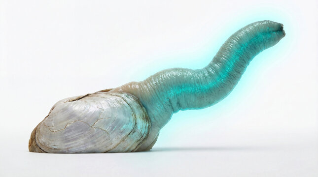 Geoduck Clam with Glowing Bioluminescent Siphon Isolated on White Background