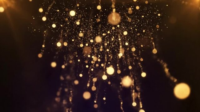 Abstract golden particles sparkling and falling down on a dark background for elegant festive themes and celebration