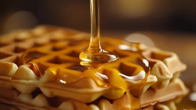 Slow Motion Honey Pouring Over Waffle Stack Macro Close Up