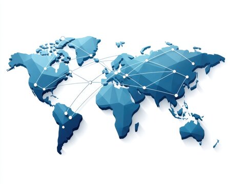 Global Network Map Illustration with Geometric Design and Connected Lines Representing International Communication and Data Exchange Across Continents