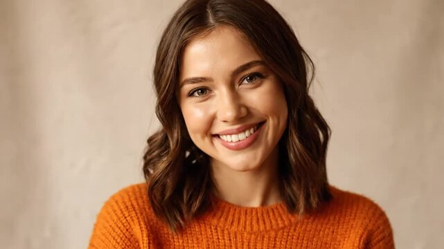 Beautiful young woman with a radiant smile wearing an orange sweater against a neutral background