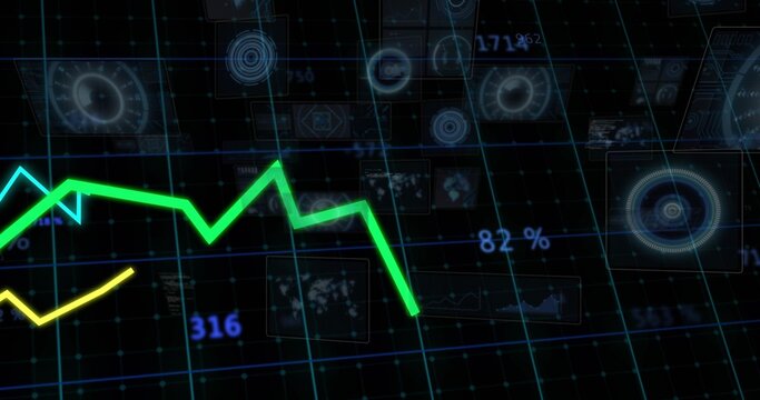 Displaying neon green zigzag graph fluctuating on HUD with blue grid, yellow line, 316, 82%