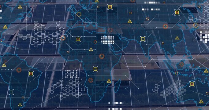 Displaying global map overlay on console, showing hex grid, warning triangles, glass reflection