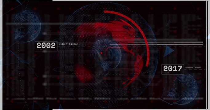 Rotating central wireframe globe projecting rings with 2002,2017 tags on HUD, showing Oslo-Lisbon