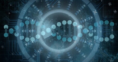 Obraz premium Displaying DNA helix with concentric HUD rings and circuit traces on virtual research dashboard