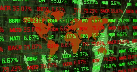 Fototapeta premium Displaying central orange world map overlaying market dashboard, showing tickers and percentages