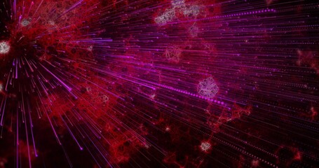 Fototapeta premium Emitting bright node sending radial magenta and purple particle trails across nebula, copy space
