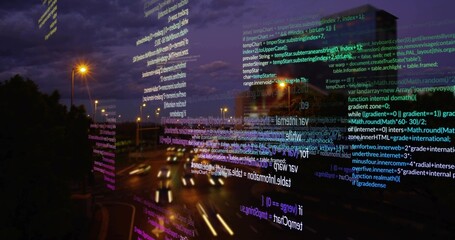 Fototapeta premium Glowing code columns drifting over urban highway at dusk, with moving vehicle light trails