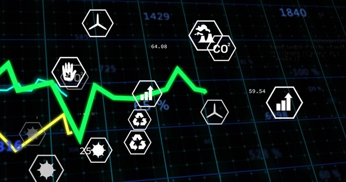 Tracking neon green chart and thin yellow line moving across dark grid dashboard with hex icons