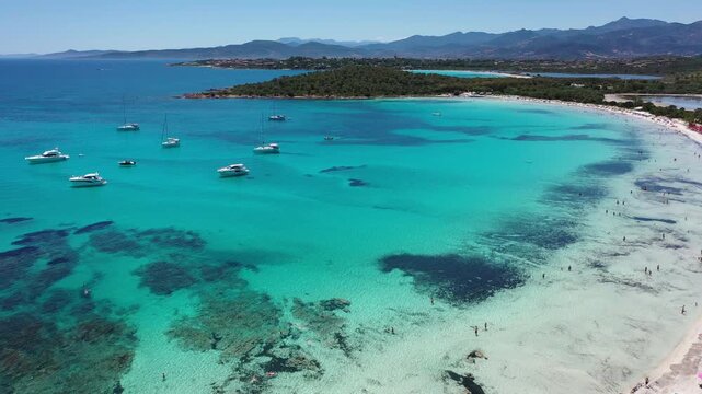 4K Aerial View of Cala Brandinchi SARDINIA  , Lu Impostu Bays. Cinematic aerial Drone Flight over Little Tahiti Turquoise Sea and White Sand. San Teodoro  Best beaches of Sardegna and Europe tahity 4k