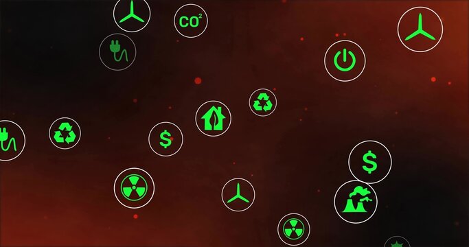 Displaying neon-green circular icons floating on maroon gradient, turbine recycling plug CO2 power