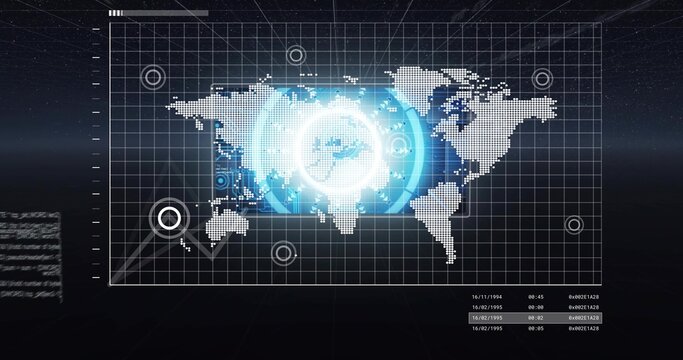 Displaying dotted world map with glowing circular HUD on virtual dashboard, showing target markers