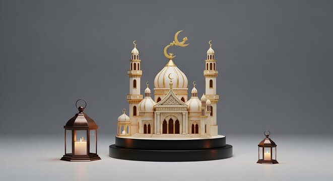 ornate mosque model with golden crescent moon and Islamic lanterns, Ramadan decorations, warm candlelight, studio shot, grey background, celebration