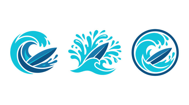 Surfboard wave logo icons set, surfing sport emblems, dynamic ocean water splashes