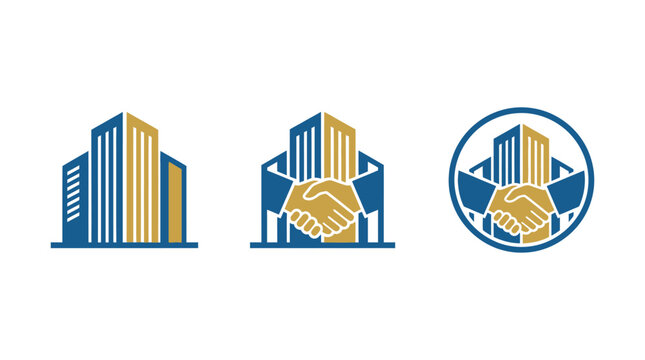 Real Estate Deal Icons: Buildings with Handshake Symbol