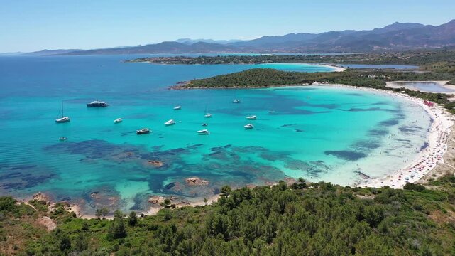 4K Aerial View of Cala Brandinchi SARDINIA  , Lu Impostu Bays. Cinematic aerial Drone Flight over Little Tahiti Turquoise Sea and White Sand. San Teodoro  Best beaches of Sardegna and Europe tahity 4k