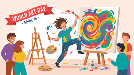 Flat vector illustration of an artist passionately painting a masterpiece on World Art Day © Bima