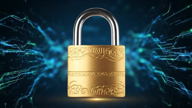 Secure gold padlock with silver shackle in front of dynamic circuit board graphic for data protection