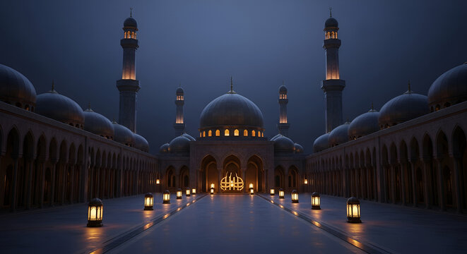 Grand mosque courtyard at dusk, illuminated by lanterns and warm interior lights, gothic architecture, prayer, devotion, sacred space, islamic culture, architectural design