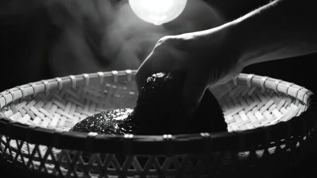 Black and white close-up of a hand reaching into a basket to pull out a steaming, viscous, black substance