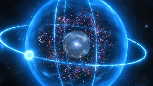 Futuristic visualization of atom core with orbiting energy rings and particles in space with a starry background
