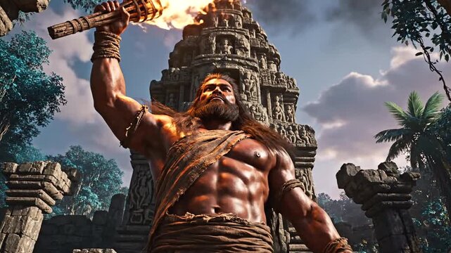 Muscular man holding burning torch.