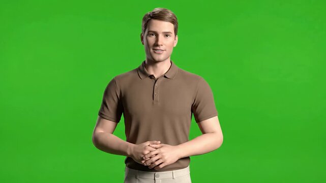 A simple and clean 3D animated male avatar in a brown shirt, presented on a green screen background. Great for presentations, explainer videos, or corporate animations.