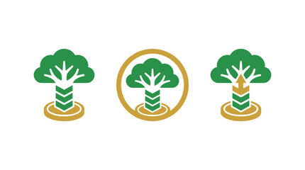 Three stylized green trees with segmented trunks on gold bases, white background © INFAYUFA